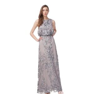 JS Collections Floral Lace Maxi Gown Silver Size 10